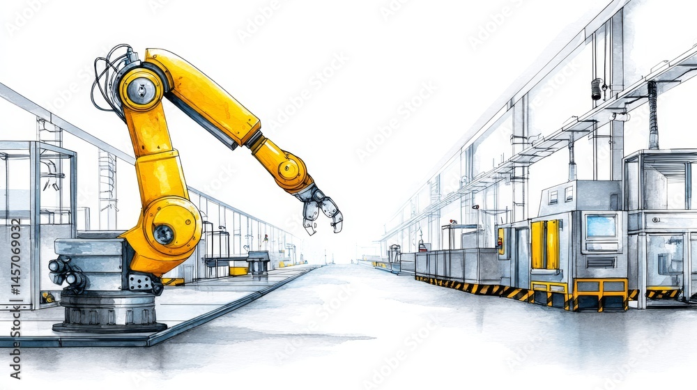 Poster industrial robot arm in factory setting - a yellow robotic arm operates in a modern factory setting,