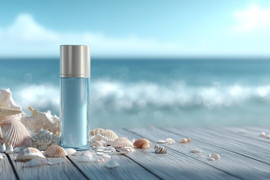 Glass bottle filled with blue liquid placed on a wooden surface among seashells by the ocean