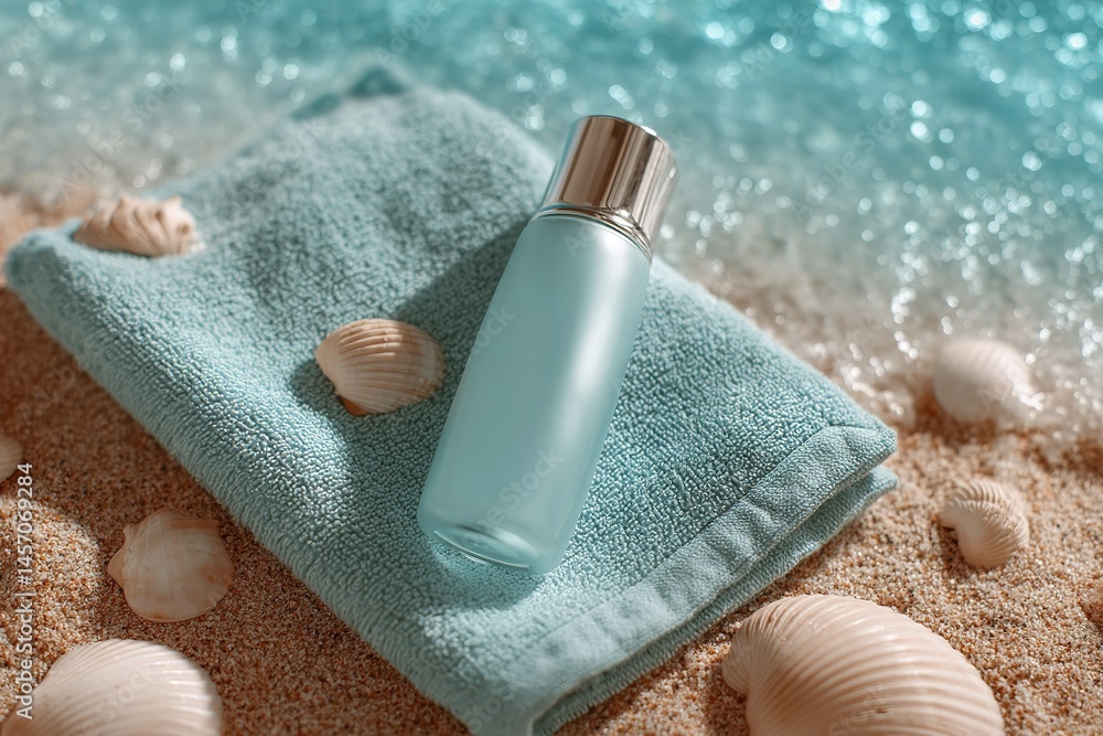 Poster relaxing beach setting with cosmetic bottle on a soft towel near seashells and gentle waves