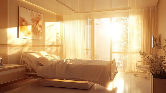 Faintly blurred hospital room abstract soft lighting neutral colors clean surfaces serene and hygienic atmosphere. 