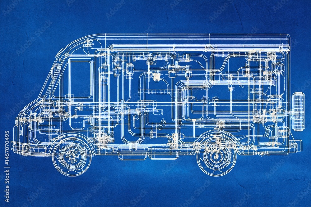 Poster blueprint of a delivery van showcasing intricate details and engineering design components