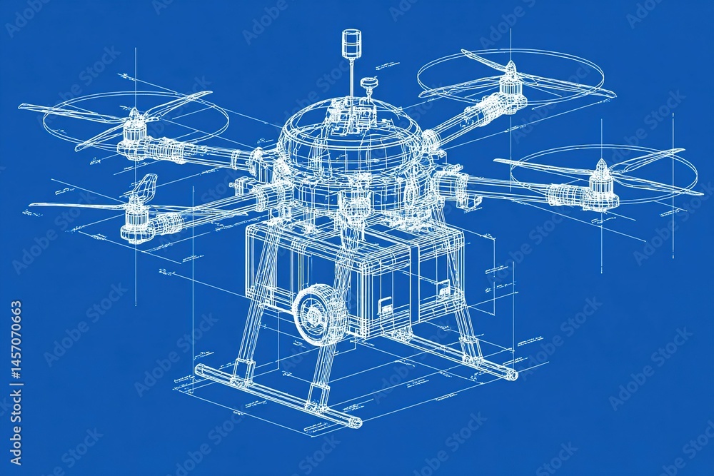 Poster technical blueprint of a hexacopter drone showcasing detailed specifications and design elements