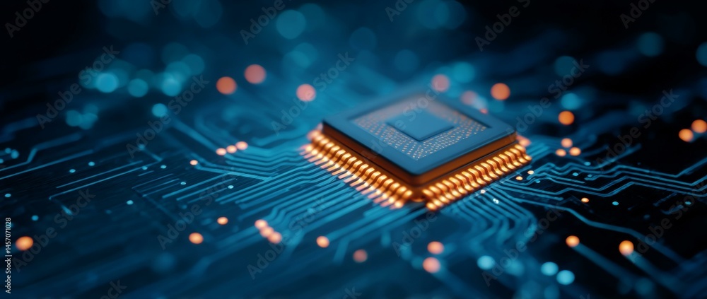 Poster close up of a modern microchip on circuit board