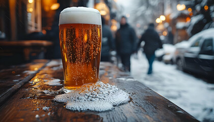 Frosty Beer Pint on Snowy Street at Night
