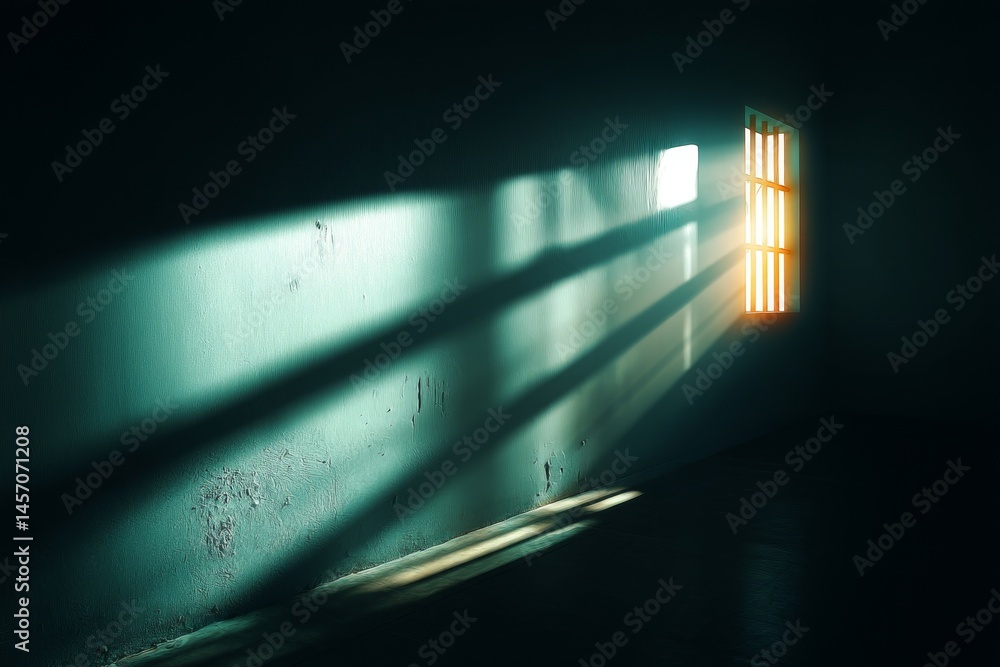 Aufkleber light streams through grated window illuminating a dim room with textured walls and floor creating s