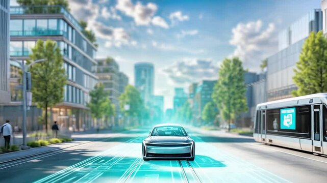 Autonomous electric car driving on urban road with futuristic digital navigation interface projected onto street. Modern city with skyscrapers, tram, green trees, clean mobility technology in smart
