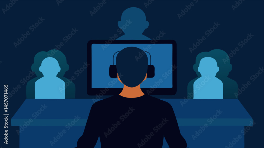 Poster disappearing friends a gamer focused on a computer screen with shadowy outlines of friends and famil