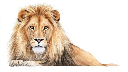 Fototapeta premium Majestic Lion Watercolor - A regal lion, symbolising power, strength, courage, , and wilderness, rests majestically