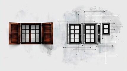 Architectural design comparison of a window and its blueprint.