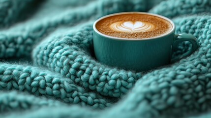 Cozy coffee cup on a teal knitted blanket