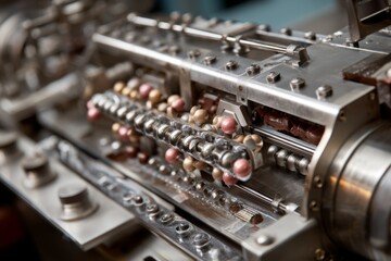 Close-up of Complex Candy Forming Machine, Featuring Ball-Shaped Pieces and Shiny Metal Components in Operation
