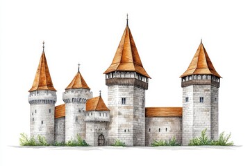 Fototapeta premium Medieval Castle Watercolor Illustration - A charming watercolor painting of a medieval castle, symbolizing history, strength, architecture, , and defense