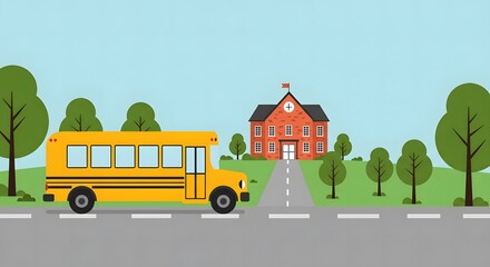 Yellow School Bus Approaching Building for Education and Safe Transportation
