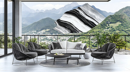 Modern outdoor furniture on balcony overlooking mountain valley
