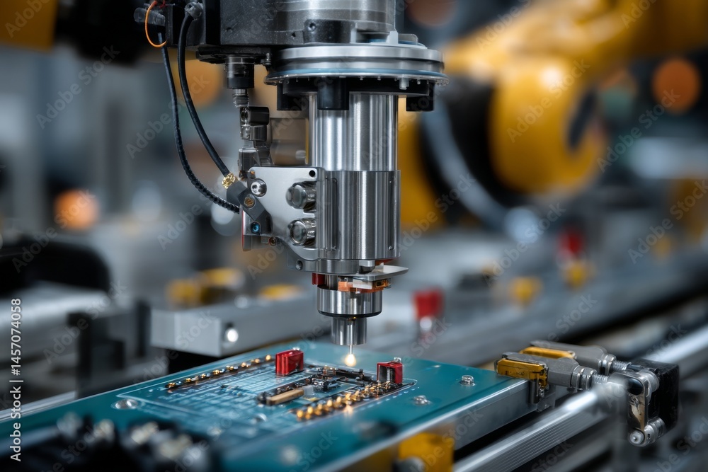 Poster automated manufacturing: precision equipment assembling microchip with smt technology for modern ele