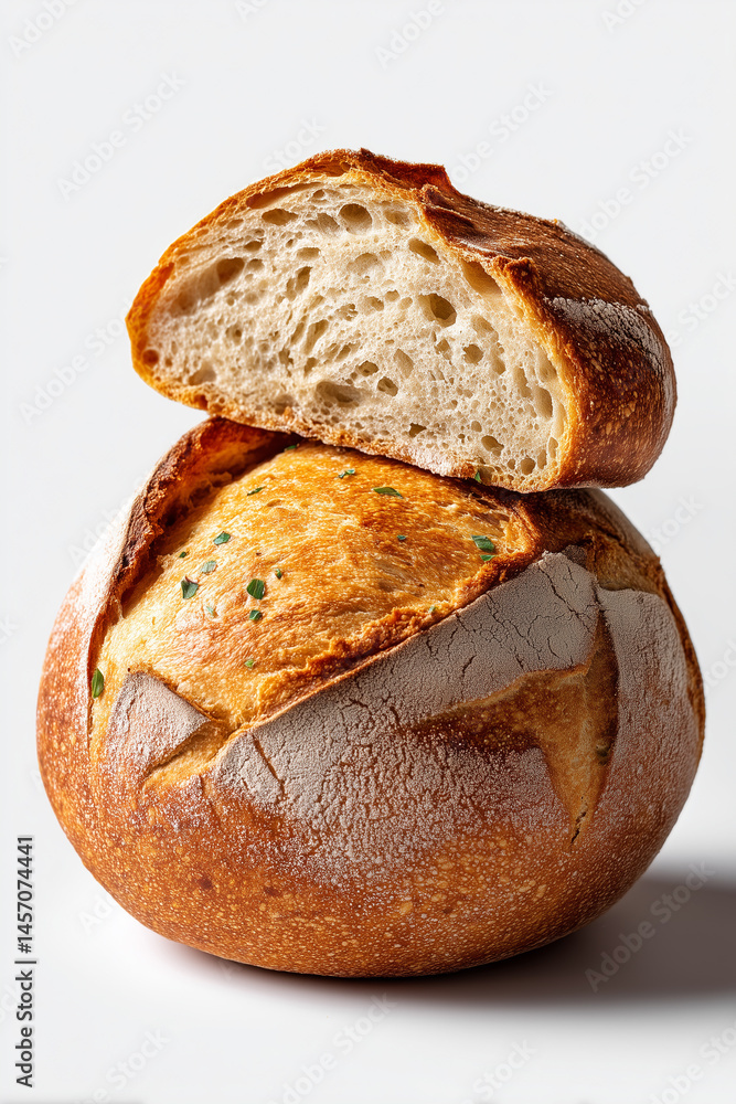 Poster artisan loaf with crispy top displayed in minimalist style. clean background highlights texture and 