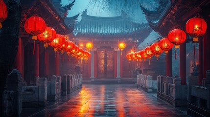 Obraz premium Misty Asian temple walkway illuminated by lanterns