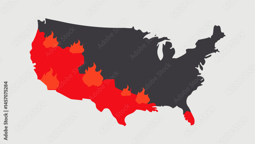 Poster burning map an abstract map with areas highlighted in red flames representing regions most affected 