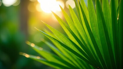 A close-up shot of a vibrant green palm leaf with reddish-orange tips. Sunlight creates a bokeh effect in the background, adding a soft, ethereal glow