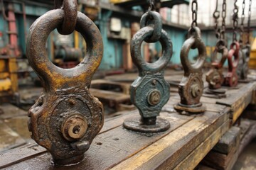 Fototapeta premium Worn and Weathered Hoists on Industrial Wood Surface: Rust, Chains, and Rigging Equipment on Weathered Planks