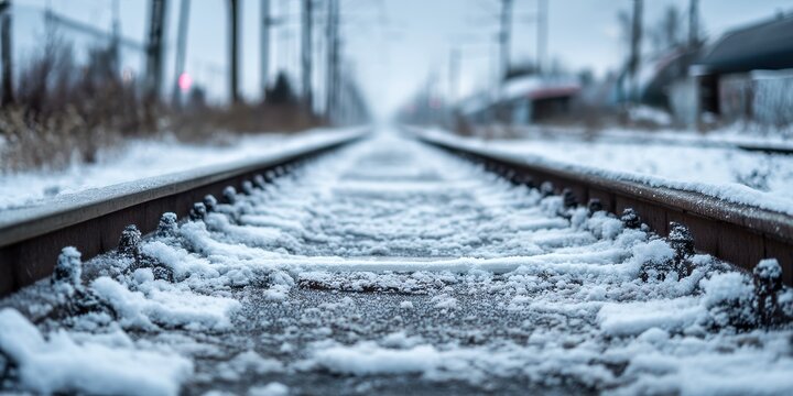 Snow-Covered Railway Tracks Receding into the Distance