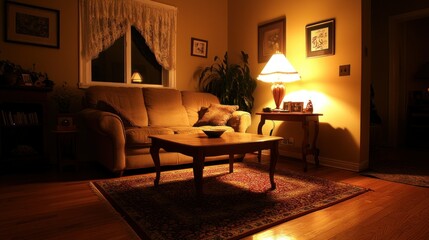 Fototapeta premium Cozy living room interior illuminated by soft warm ambient lighting