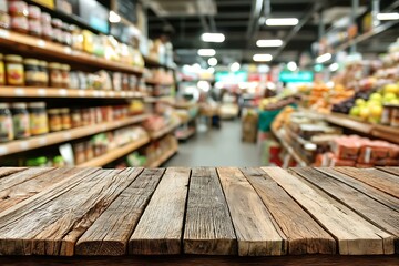 Obraz premium Wooden Tabletop in a Supermaket Background