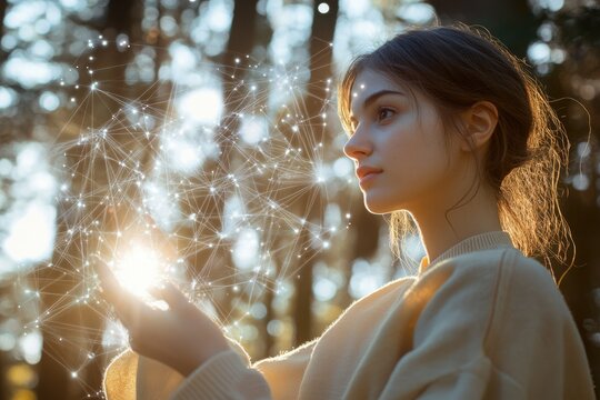 A young woman in a forest holds a glowing network of interconnected nodes, symbolizing connection and nature's intricate web. - Powered by Adobe