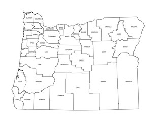 State of Oregon, subdivided into 36 counties, outline map. State in the Pacific Northwest region of the United States, nicknamed The Beaver State. Map with county names and borders. Isolated. Vector