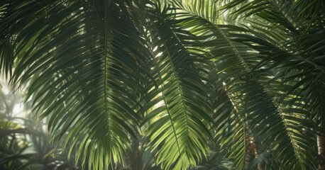 Fototapeta premium Deep emerald palm leaves, sunlight filtering through, rich detail , background, leaves