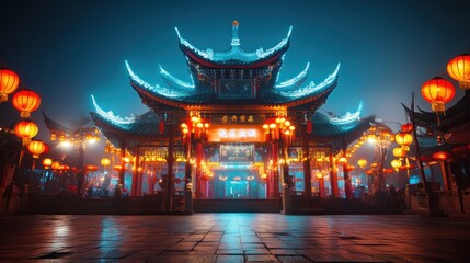 Fototapeta premium Vibrant Chinese temple at night, illuminated by glowing lanterns