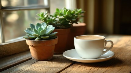 Cozy windowsill with coffee and succulents