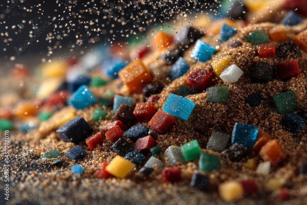 Poster colorful crystal blocks piled on sandy surface with falling glitter, creating a festive abstract and
