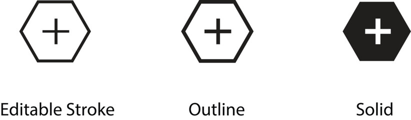 Hexagon Plus Icon Set – Editable Stroke, Outline, and Solid Style Vector Illustration.