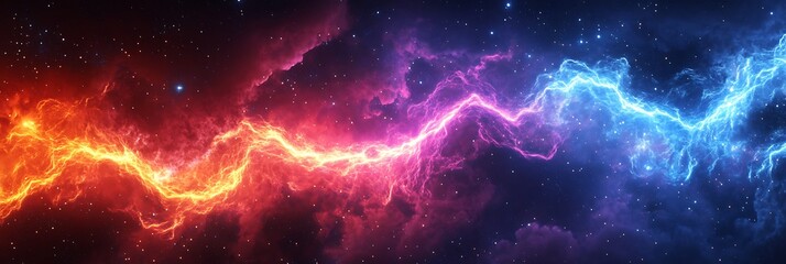 Dual-toned lightning in cosmos: A vivid display of nature's power, showcasing a contrasting dance of red and blue lightning strikes across a celestial backdrop, full of drama, electricity.