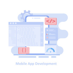 Mobile application development big data software engineering coding. Programming code information analysis smartphone application. illustration Mobile application development.
