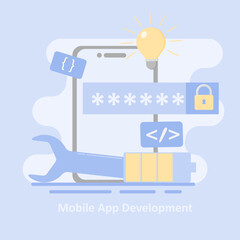 Mobile application development big data software engineering coding. Programming code information analysis smartphone application. illustration Mobile application development.