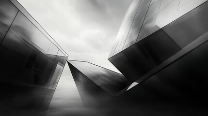 High-rise building corner perspective dark steel window system sharp angles reflective glass blending with cloudy sky 3D futuristic rendering. 