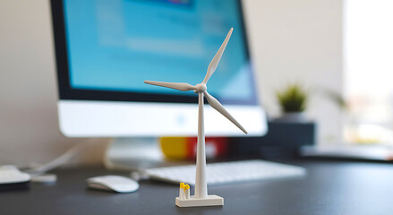 A small white wind turbine model on a table with a colorful background highlights clean energy innovation and technology.