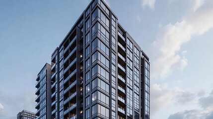 High-rise building corner perspective sleek dark steel window system reflective glass clouds visible modern 3D rendering urban concept.  