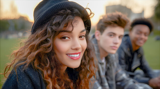Close up photo of positive multiracial teenagers high school pupils friends classmates college students boys and girls hanging out together in urban street park sport court outside looking at camera