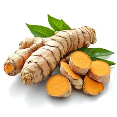 Turmeric Root: A vibrant composition of fresh turmeric root, both whole and sliced, alongside verdant leaves, all meticulously arranged and beautifully lit.