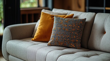 Modern comfortable sofa with decorative pillows in a living room