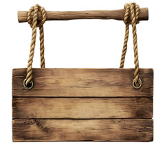 Blank rustic wooden sign hanging on ropes.