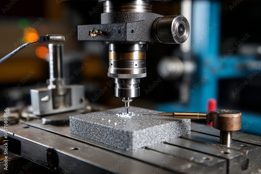 Poster close-up precision drilling process of material block with metal instruments in machine shop for eng