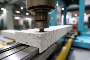 Concrete block strength testing machine applying force to concrete sample in laboratory, material science experiment on construction product