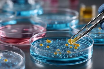 Examining petri dishes with yellow colonies and blue liquid, researcher using pipette within scientific laboratory setting.
