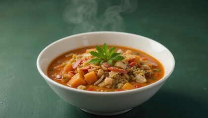Hearty, steaming soup in a white bowl.