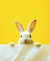 Obraz premium Cute White Rabbit Behind Blank Sign