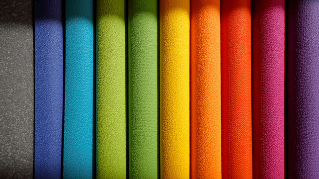 A vibrant display of textures and colors showcasing an array of tactile surfaces arranged in a vertical rainbow of design possibilities.